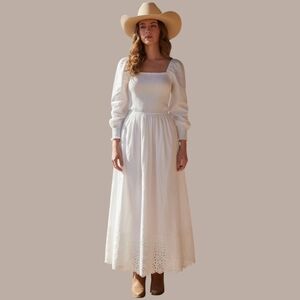 DD77 White Prairie Peasant Western Flowy Long Sleeve Boho Maxi Dress Small NWT